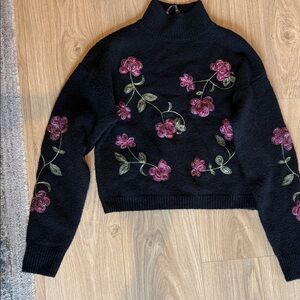 Alya Black Sweater with Pink Floral Embroidery
